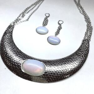 Statement Necklace & Earrings | Hammered Sterling Silver | Faux Opal